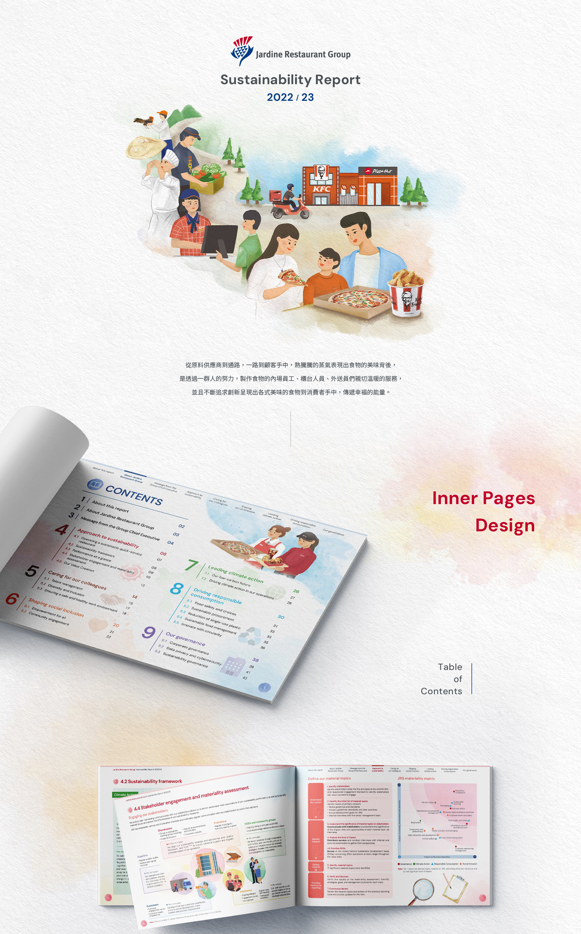 由源做視覺設計的【怡和餐飲集團 2022/23 ESG 報告書】書冊設計情境圖