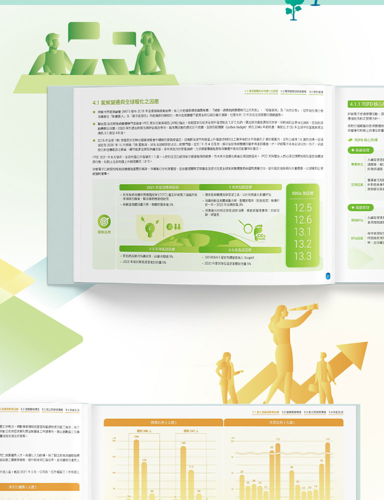 由源做視覺設計的【矽創電子 2021 ESG 報告書】書冊設計情境圖