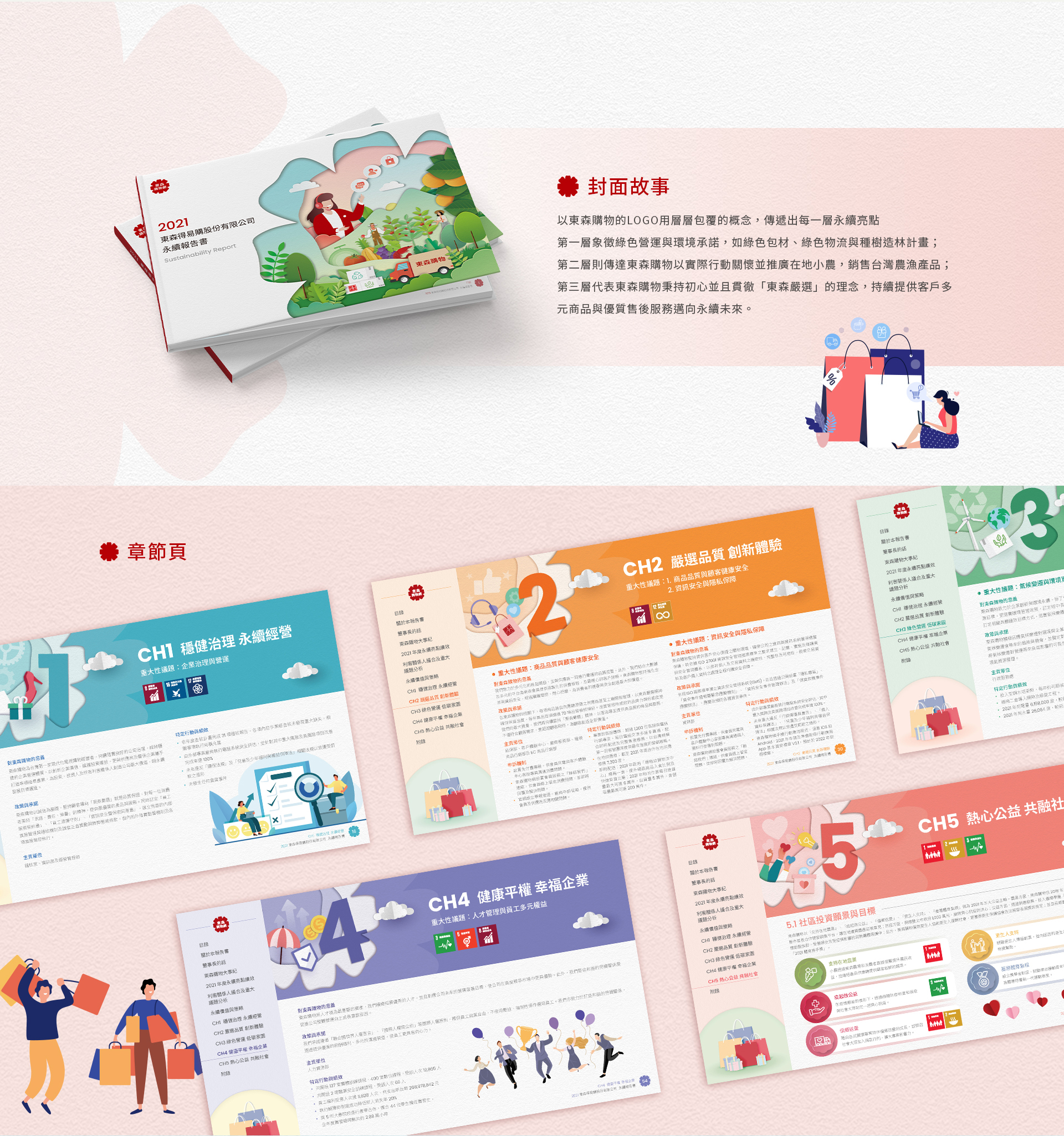 由源做視覺設計的【東森得易購 2021 ESG 報告書】書冊設計情境圖