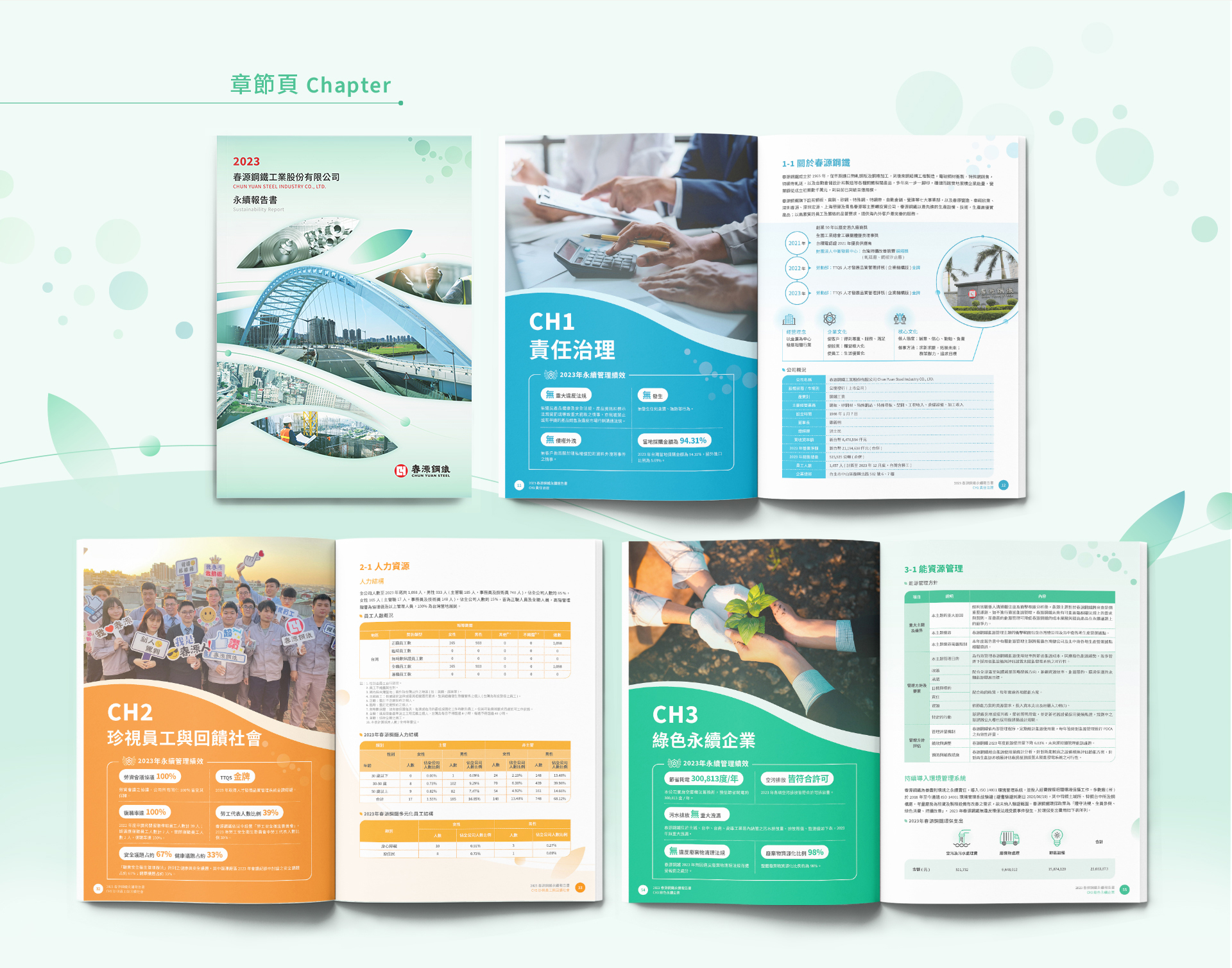 由源做視覺設計的【春源鋼鐵 2023 ESG 報告書】書冊設計情境圖