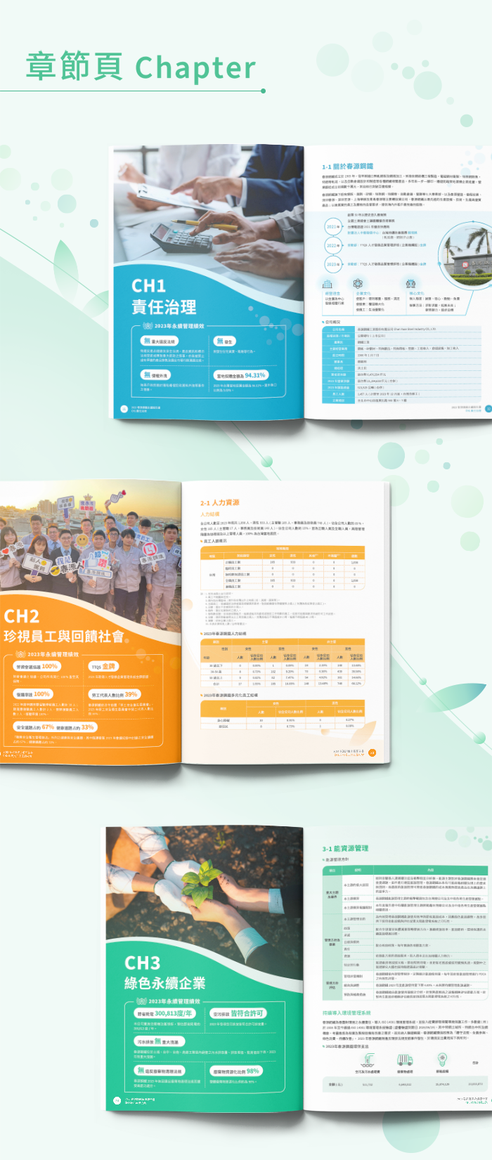 由源做視覺設計的【春源鋼鐵 2023 ESG 報告書】書冊設計情境圖