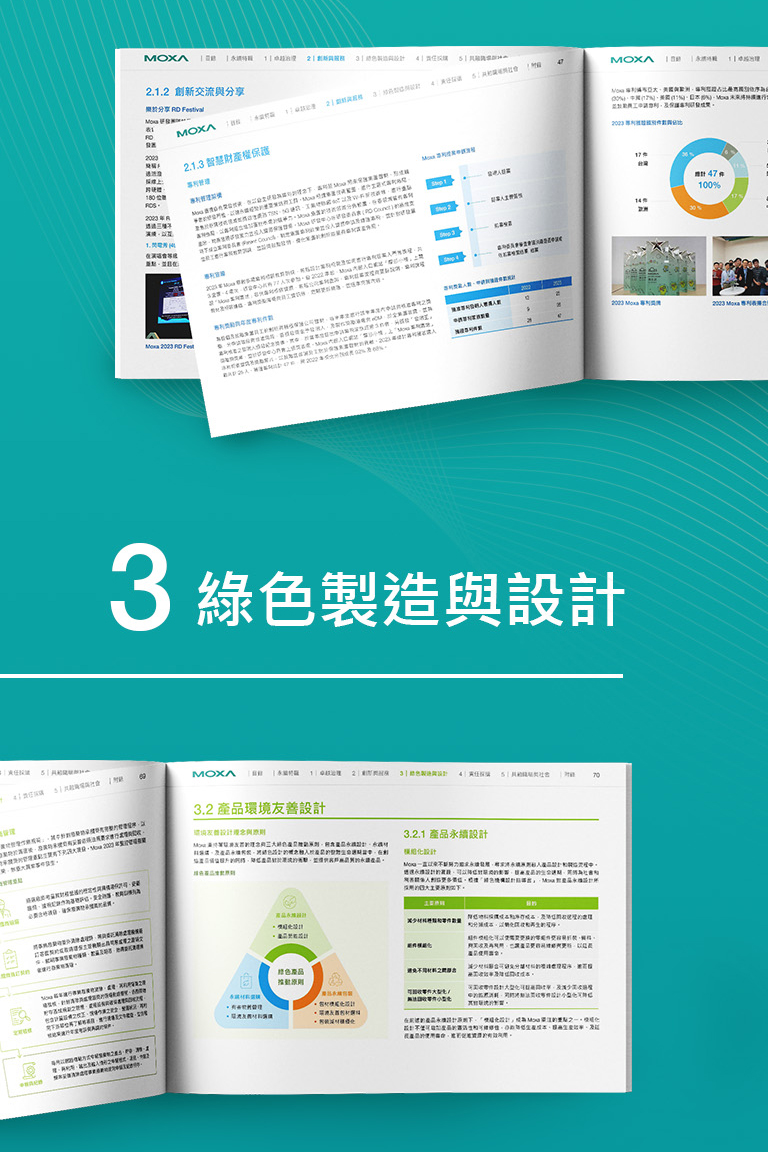 由源做視覺設計的【四零四科技 MOXA 2023 ESG報告書】書冊設計情境圖