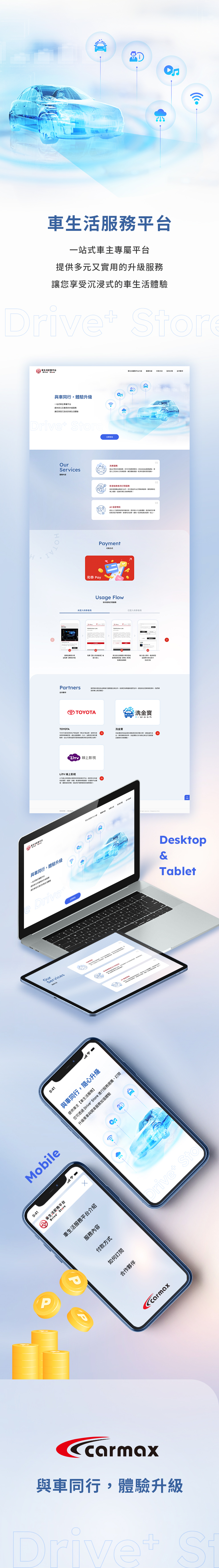 由源做視覺設計的【車美仕 Drive⁺ Store】介面情境圖